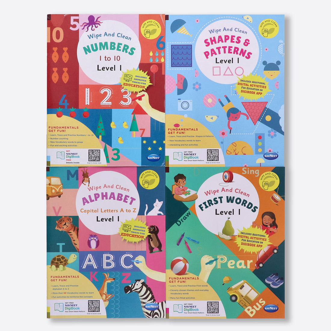 Navneet Wipe and Clean School readiness activity books - set of 4 - Alphabet A to Z, Numbers 1 to 10, First Words, Shapes & Patterns- Writing - Reusable Practice Books Level 1.