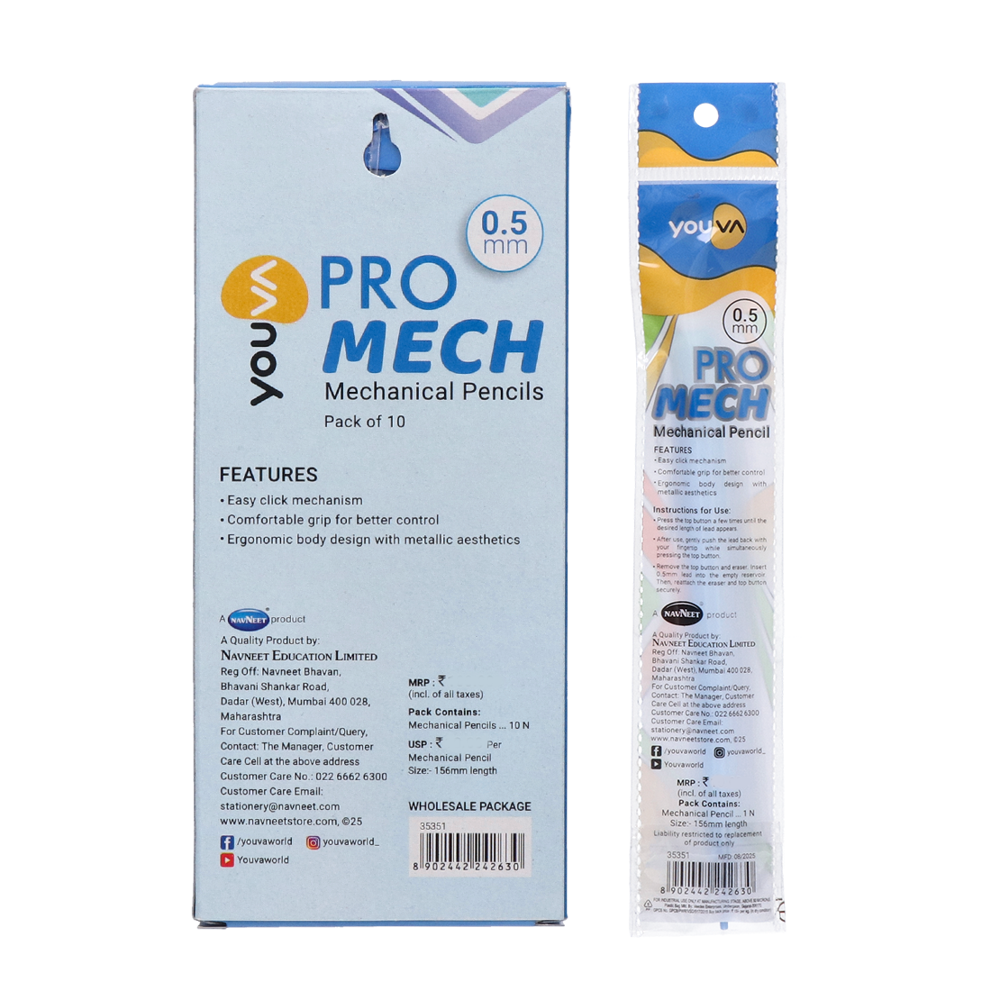 Youva PROMECH Mechanical Pencils| Pack of 10|0.5mm |For School Students by Navneet