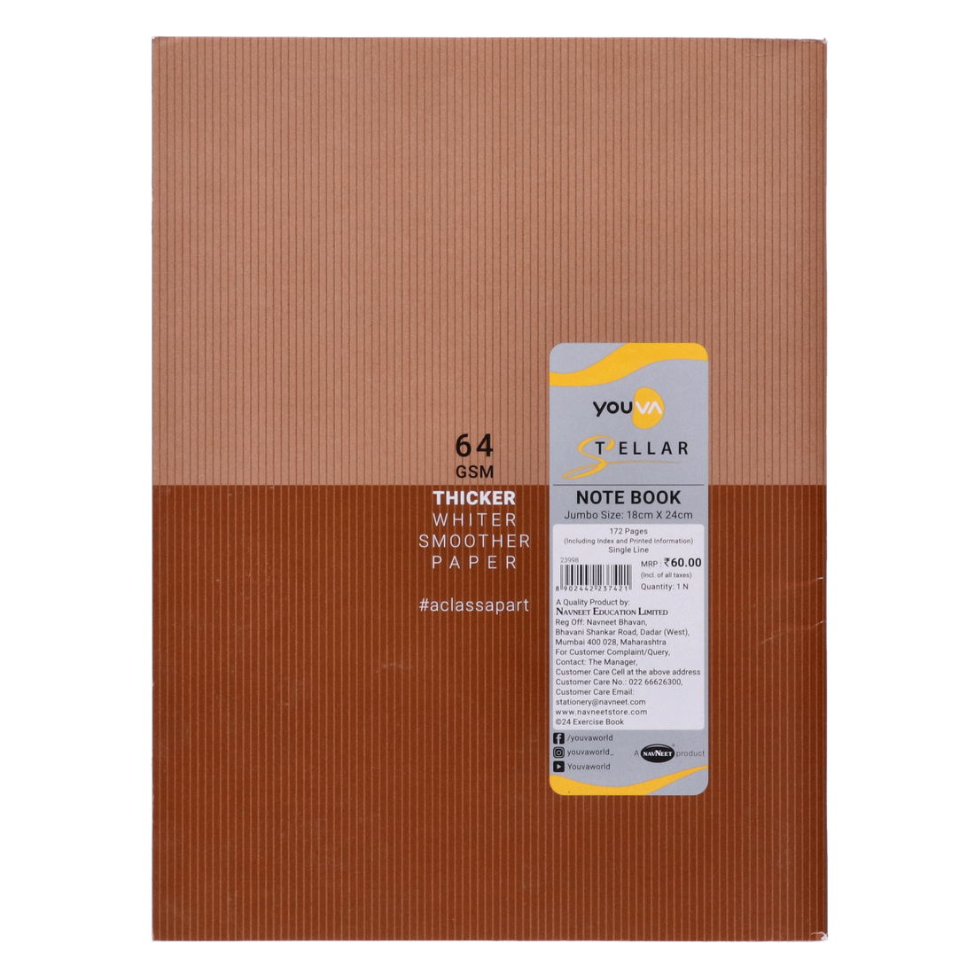 Youva , Soft Bound, Jumbo Size 18x24 cm, Single Line, 172 Pages for students by Navneet Pack Of 3