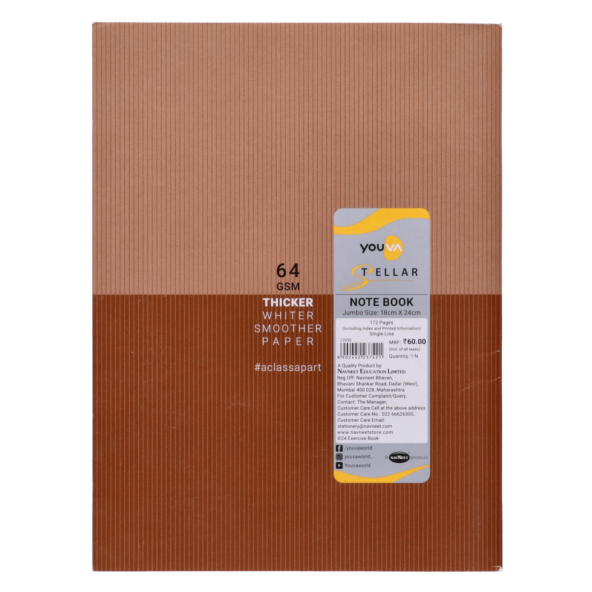 Youva , Soft Bound, Jumbo Size 18x24 cm, Single Line, 172 Pages for students by Navneet Pack Of 3