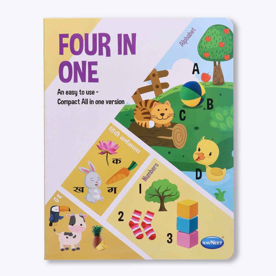 Navneet Four in One Board Book (English) Best picture book for babies: First Early Learning book: Alphabet, Numbers, Hindi Varnamala, General knowledge