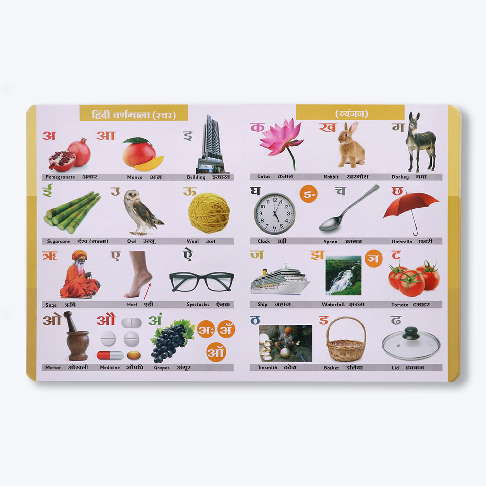 Navneet Four in One Board Book (English) Best picture book for babies: First Early Learning book: Alphabet, Numbers, Hindi Varnamala, General knowledge