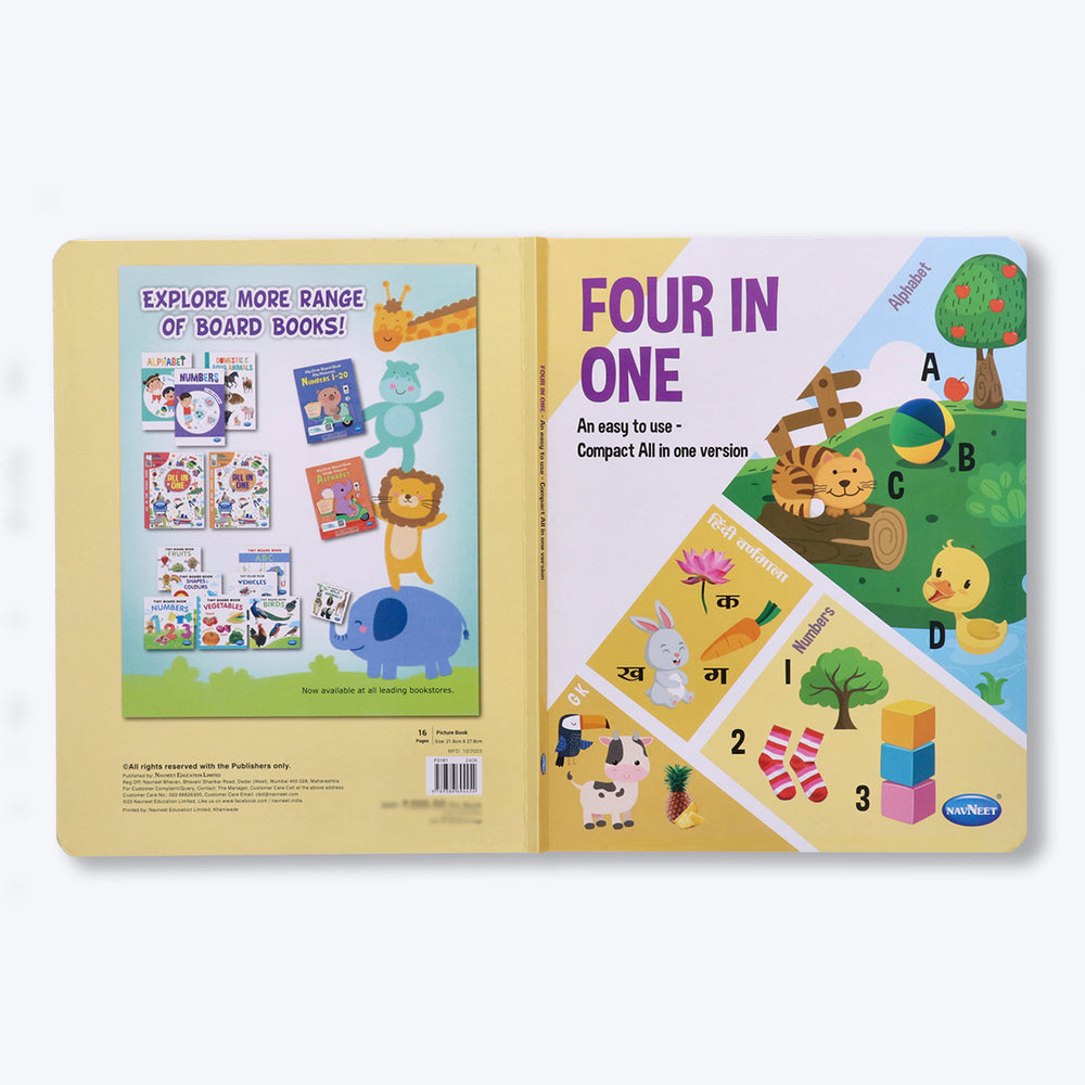 Navneet Four in One Board Book (English) Best picture book for babies: First Early Learning book: Alphabet, Numbers, Hindi Varnamala, General knowledge