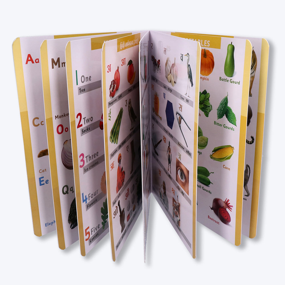 Navneet Four in One Board Book (English) Best picture book for babies: First Early Learning book: Alphabet, Numbers, Hindi Varnamala, General knowledge