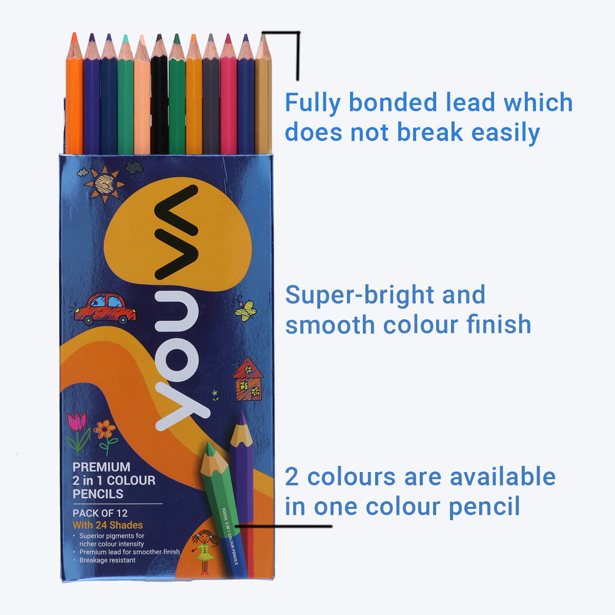 Navneet Youva | Premium 2 in 1 Colour Pencils for Students and Hobby artists | Pack of 12/24