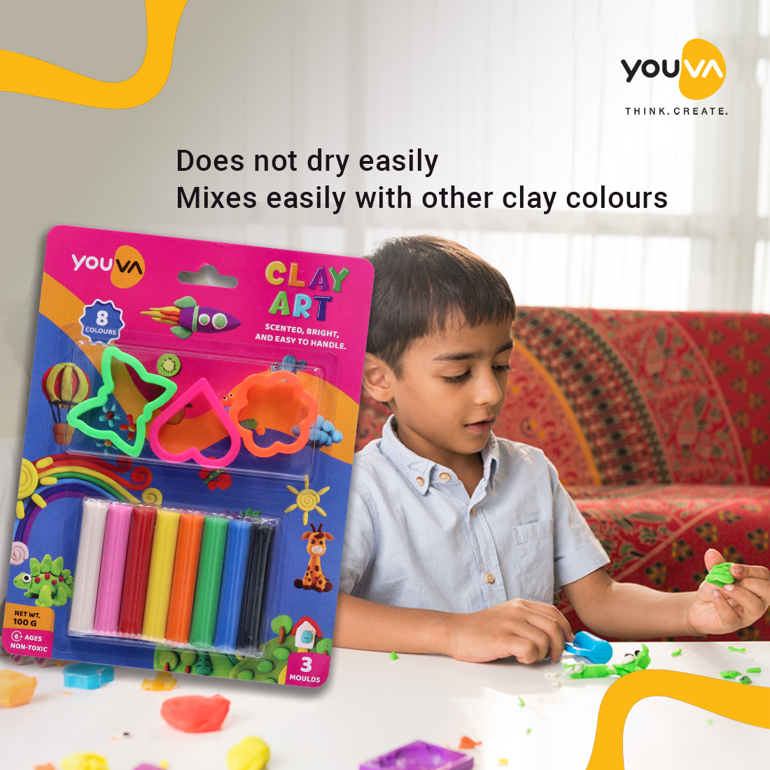 Navneet Youva|  Clay Art for kids above 6 years | 8 colours | 100 grams | 3 moulds