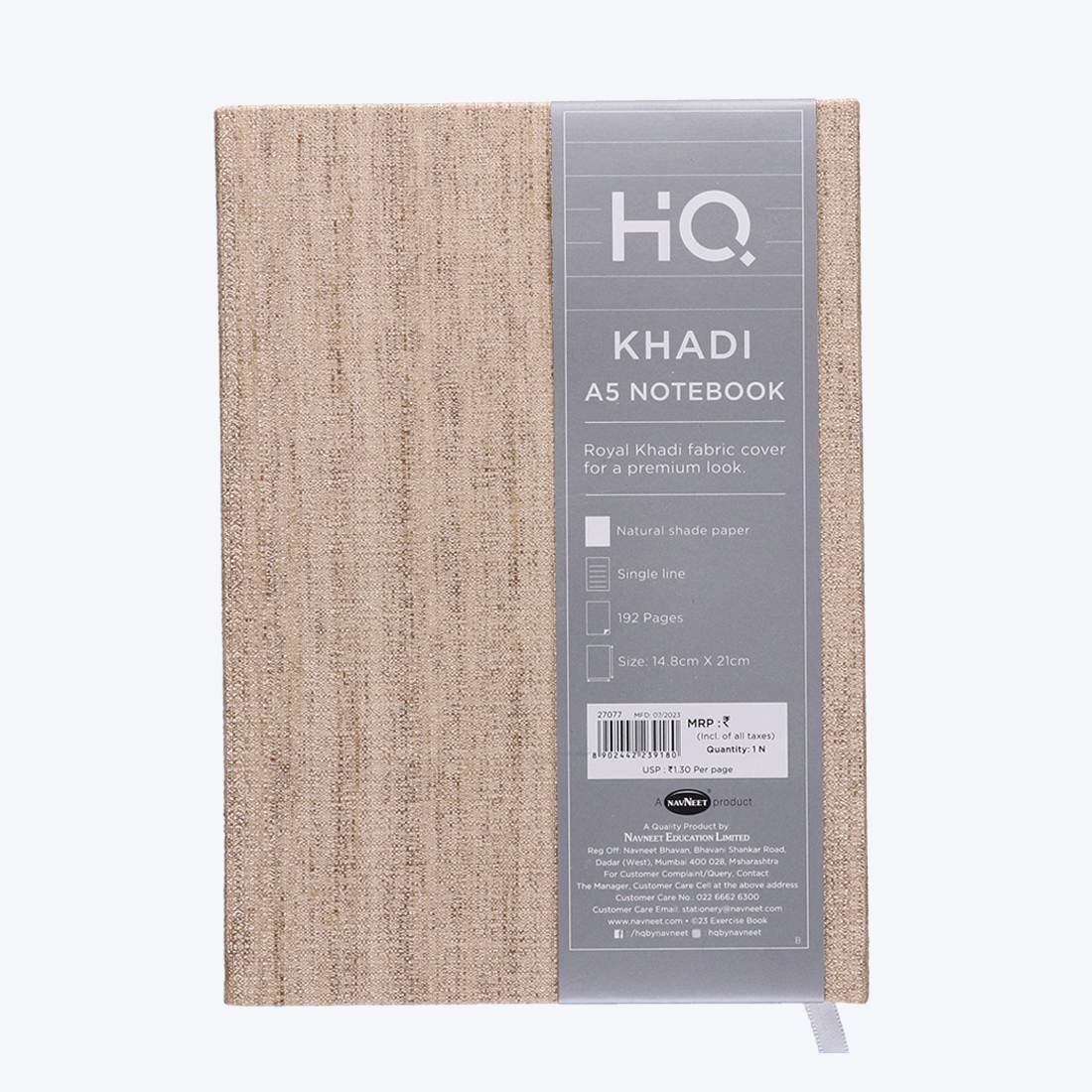 Navneet HQ | Khadi | Actual Khadi fabric cover| Premium colours| Case bound Notebook | Office / Personal stationery | Single Line | A5 Size - 14.8 x 21 CM  | 192 Pages
