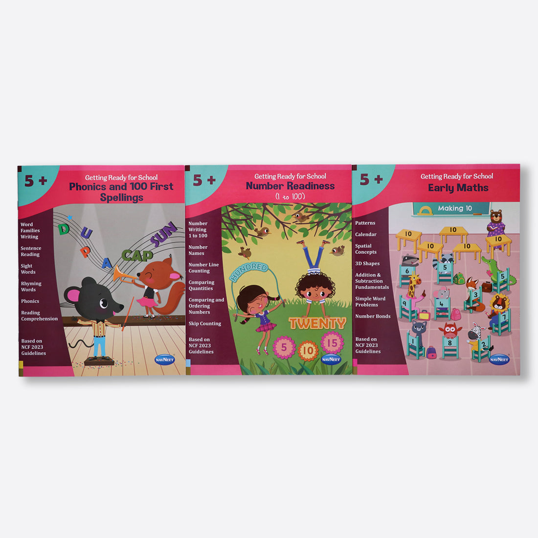 Navneet's Getting Ready for school 5+, Patterns, calendar,spatial concepts, 3D shapes, Addition & Subtraction Fundamentals, simple word Problems, Number Bonds