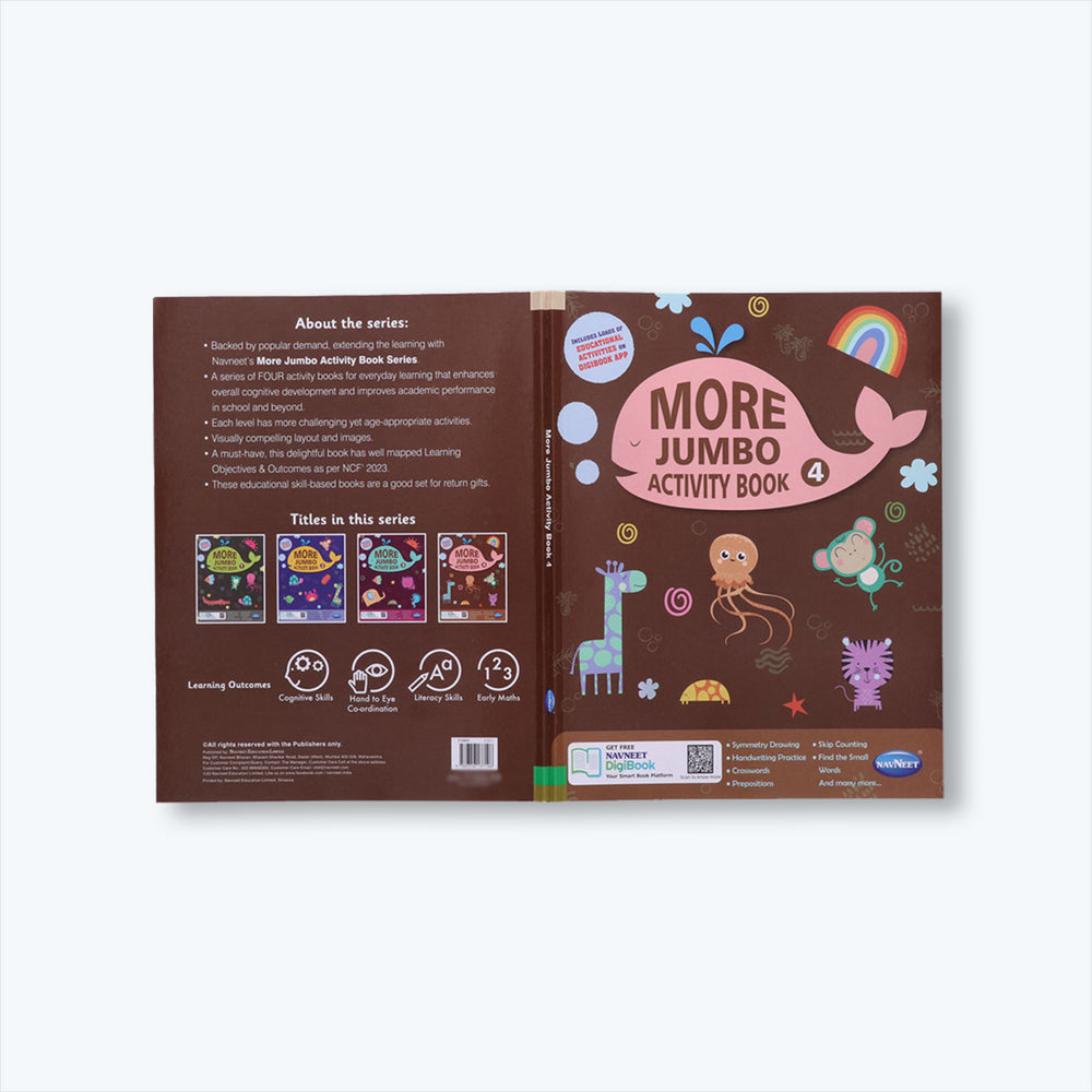 Navneet More Jumbo Activity Book 4- Fun Activities for Kids- Symmetry Drawing, Handwriting Practice, Skip Counting, Crosswords, Preposition, Find the Small Words