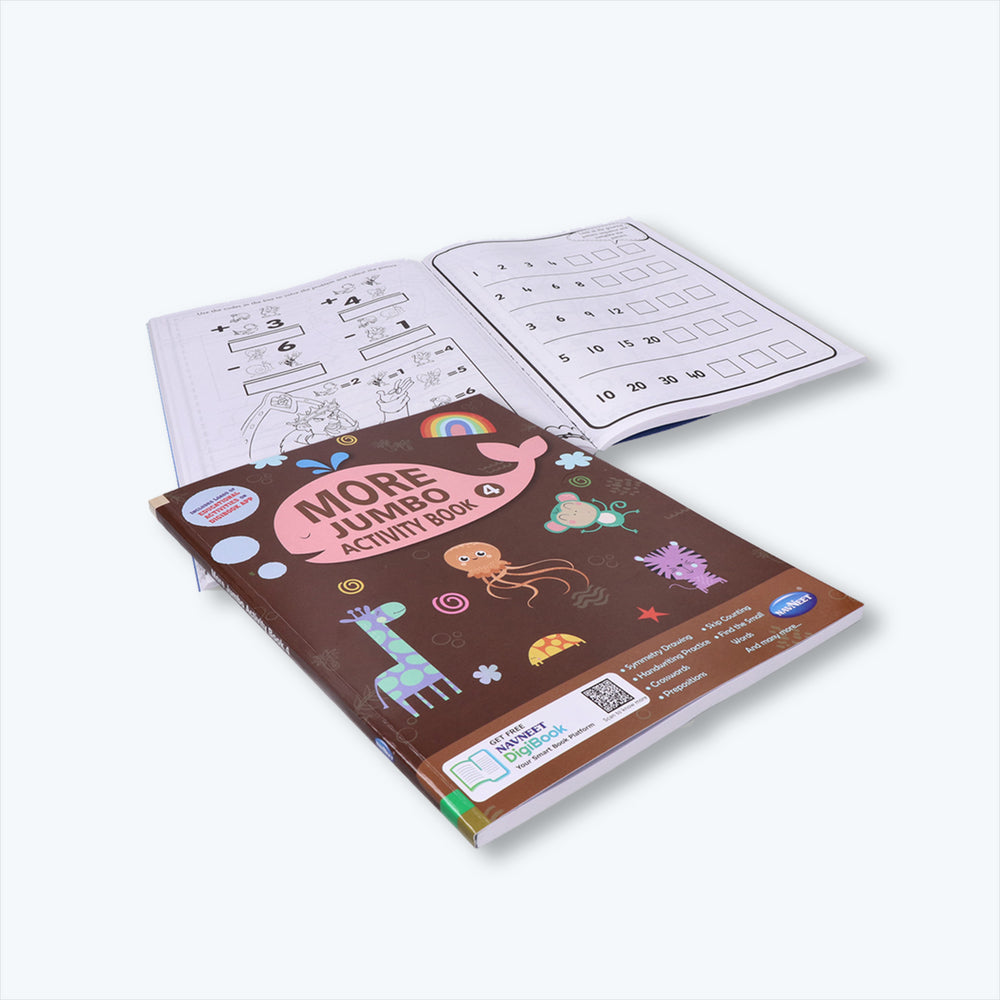 Navneet More Jumbo Activity Book 4- Fun Activities for Kids- Symmetry Drawing, Handwriting Practice, Skip Counting, Crosswords, Preposition, Find the Small Words