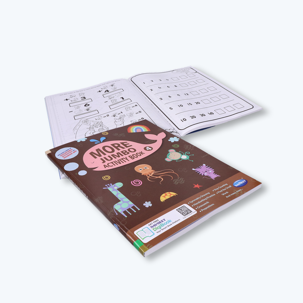 Navneet More Jumbo Activity Book 4- Fun Activities for Kids- Symmetry Drawing, Handwriting Practice, Skip Counting, Crosswords, Preposition, Find the Small Words