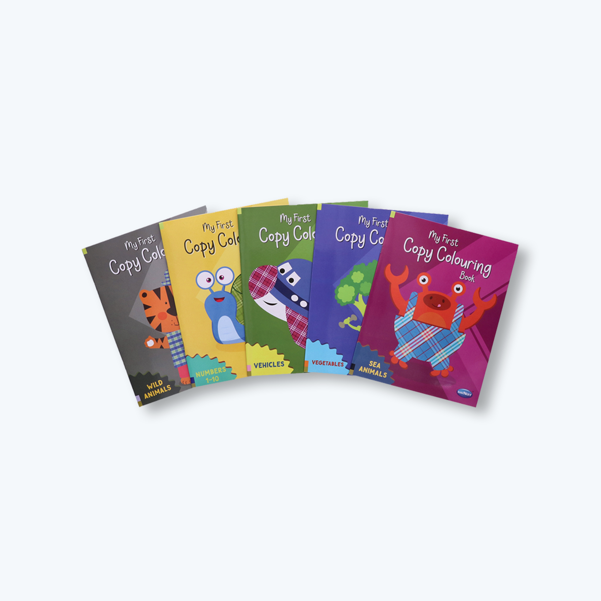 Navneet My First Copy Colouring Pack- Set of 10 books- Themes- Alphabet, Numbers 1 to 10, Birds, Baby Animals, Pet Animals, Wild Animals, Sea Animals, Fruits, Vegetables and Vehicles- 150+ pages