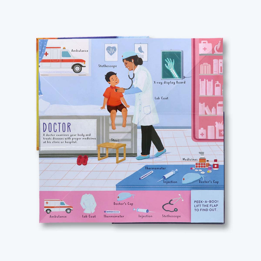 Navneet Flappy Fun Picture Book for preschooler- Lets meet our Community Helpers- Innovative Pop Up Book for gifting- Learn about their uniforms, hats, tools, vehicles, workplace.