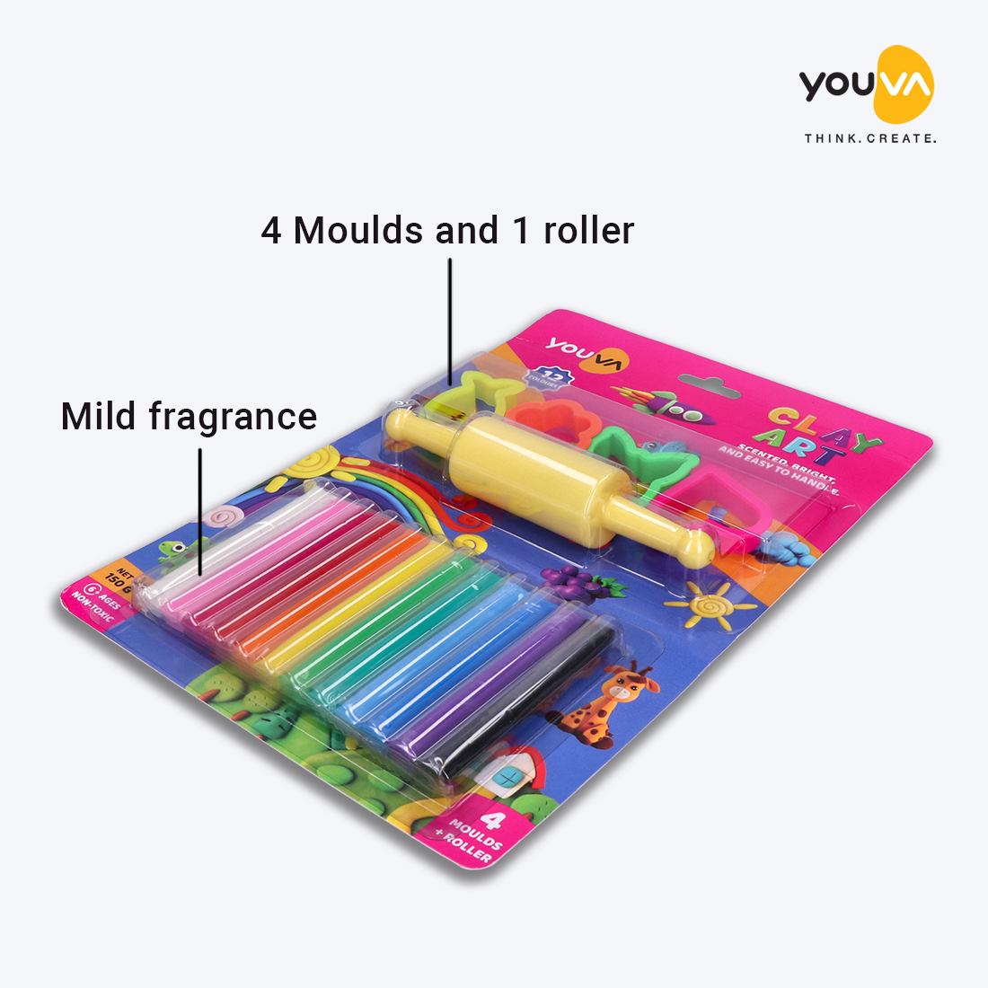 Navneet Youva|  Clay Art for kids above 6 years | 12 colours | 150 grams | 4 moulds + 1 roller