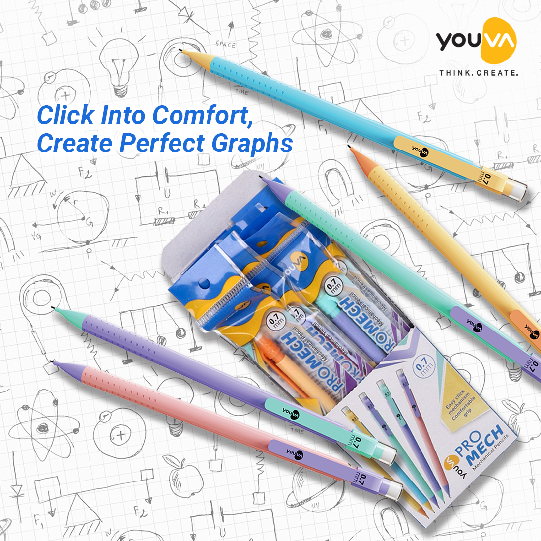 Youva PROMECH Mechanical Pencils| Pack of 10|0.7mm |For School Students by Navneet