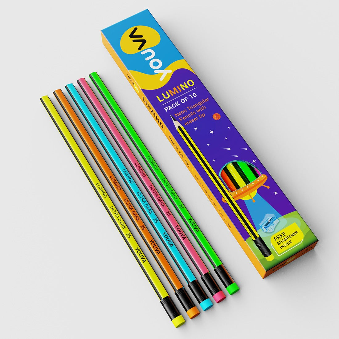 Youva Lumino Pencil | Pack of 10 | Neon Triangular Pencil with eraser tip | For School Students by Navneet