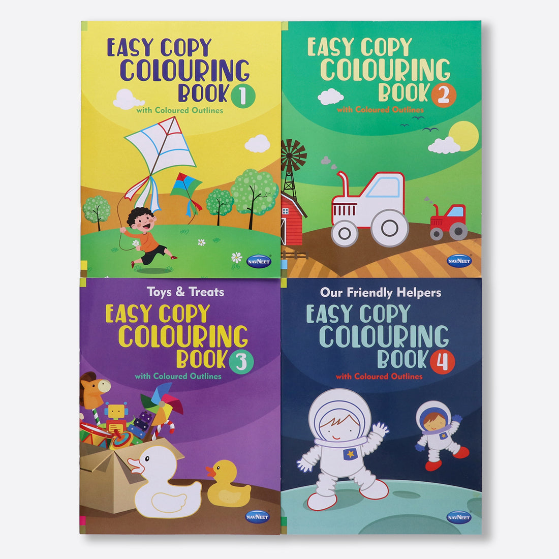Navneet Easy Copy Colouring Book Set of 4 - Colouring books for kids - 120 pages with Coloured Outline having big pictures - Toys & Treat, Our Friendly Helpers- Youva Crayons