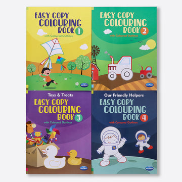 Navneet Easy Copy Colouring Book Set of 4 - Colouring books for kids - 120 pages with Coloured Outline having big pictures - Toys & Treat, Our Friendly Helpers- Youva Crayons