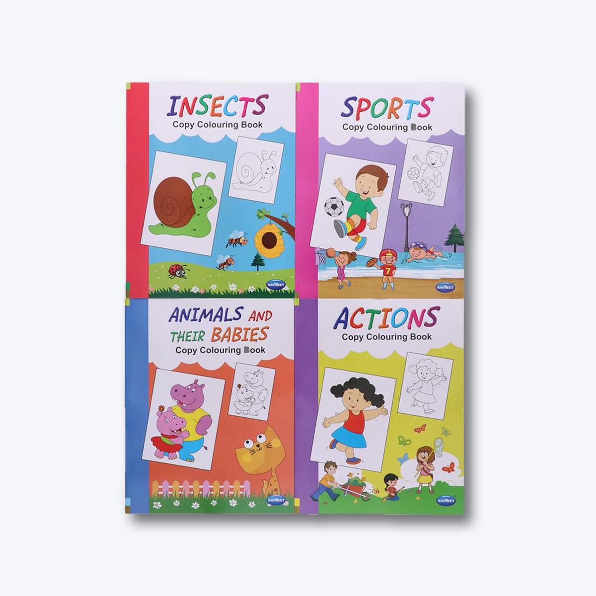 Navneet Theme Copy Colouring Book - Set of 4 books - Actions, Sports, Animals & their babies, Insects - Painting and colouring books for kids- Youva Stationery- 95+ pages