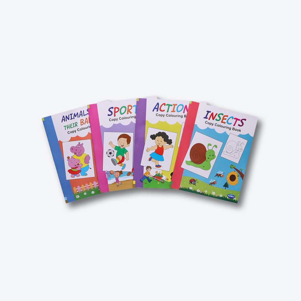 Navneet Theme Copy Colouring Book - Set of 4 books - Actions, Sports, Animals & their babies, Insects - Painting and colouring books for kids- Youva Stationery- 95+ pages
