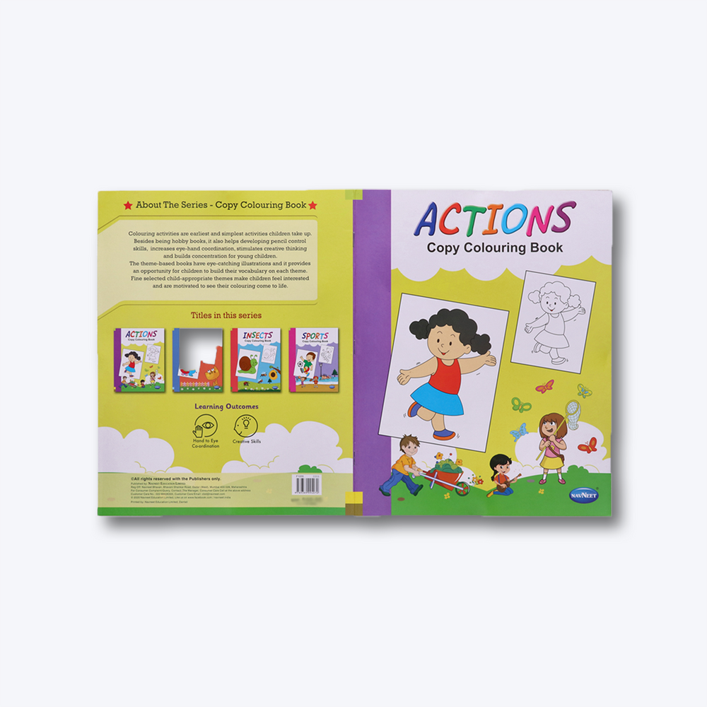 Navneet Theme Copy Colouring Book - Set of 4 books - Actions, Sports, Animals & their babies, Insects - Painting and colouring books for kids- Youva Stationery- 95+ pages