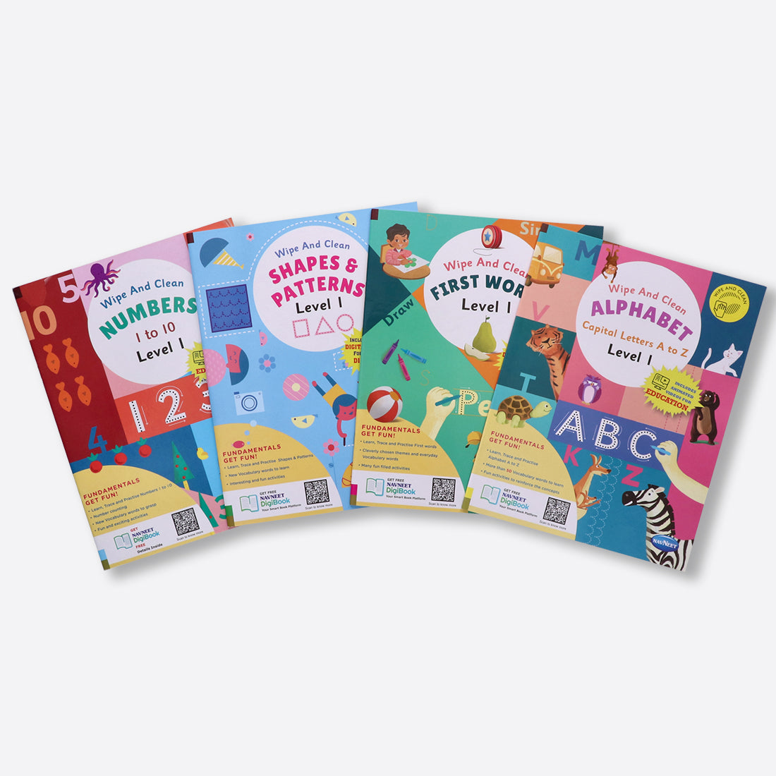 Navneet Wipe and Clean School readiness activity books - set of 4 - Alphabet A to Z, Numbers 1 to 10, First Words, Shapes & Patterns- Writing - Reusable Practice Books Level 1.