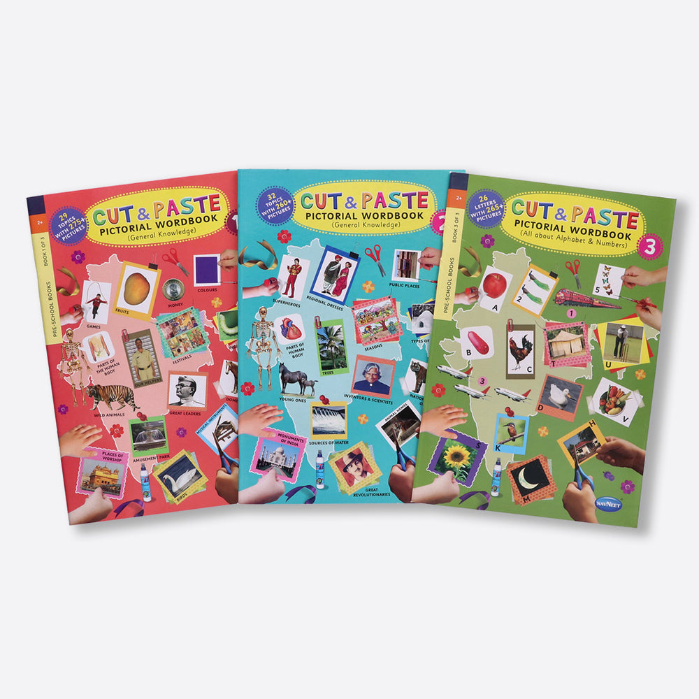 Cut & Paste Pictorial Chart Book - Word book - GK - Educational Projects & Scrap Books -Set of 3 (Eng-Hin-Guj-Mar): Learn Scissor skill - 325+ topics - 900+ pictures