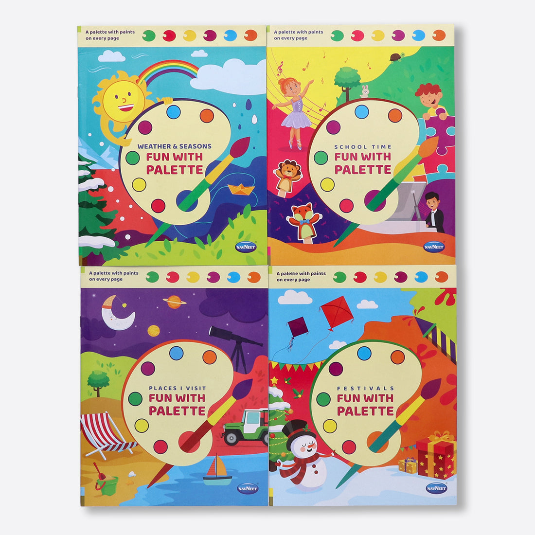 Navneet Fun With Palette Colouring Book - with Magic Colour Palette - Toddler's Painting book - Innovative Book- Festivals, Places I Visit, School Time , Weather & Season - travel fun
