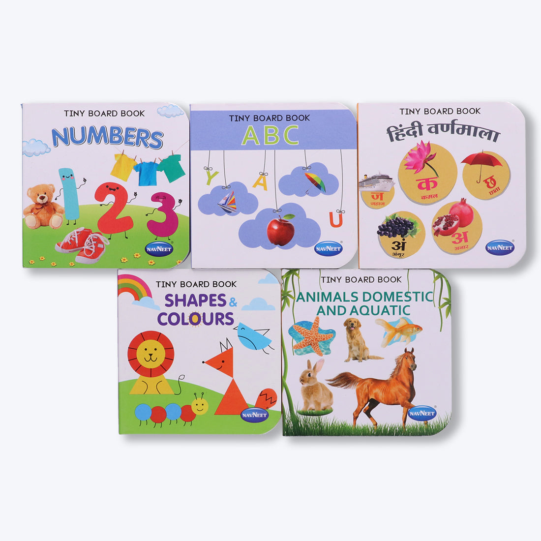 Navneet Tiny Board Book Library- Best Picture board books for babies & toddlers: 5 Books- ABC, Numbers, Hindi Varnamala, Shapes and Colours,Domestic and Aquatic animals- Early Learning Books