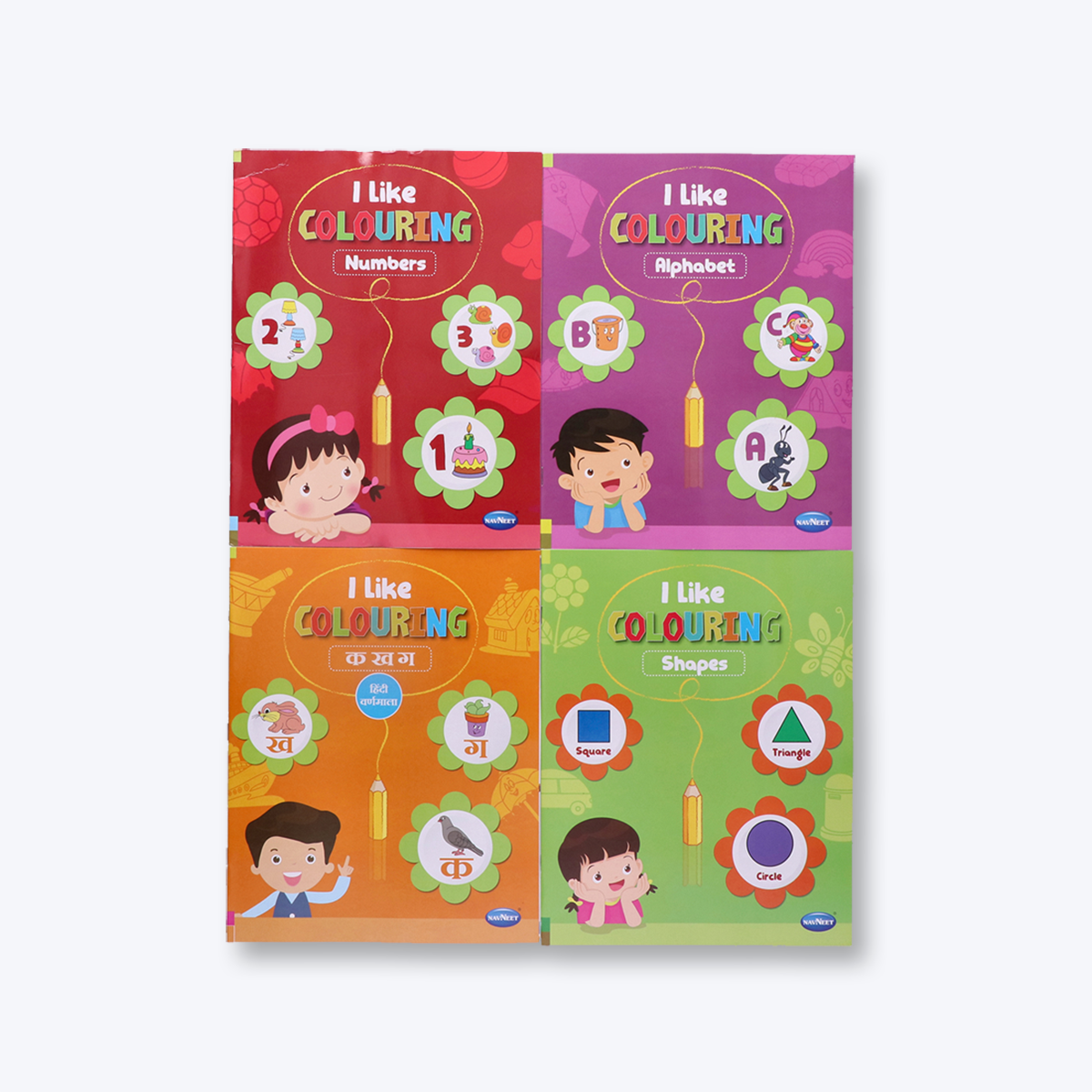 Navneet I Like Colouring book series(Alphabet, Numbers,Ka Kha Gha and shapes) age approipriate colouring books Youva colours