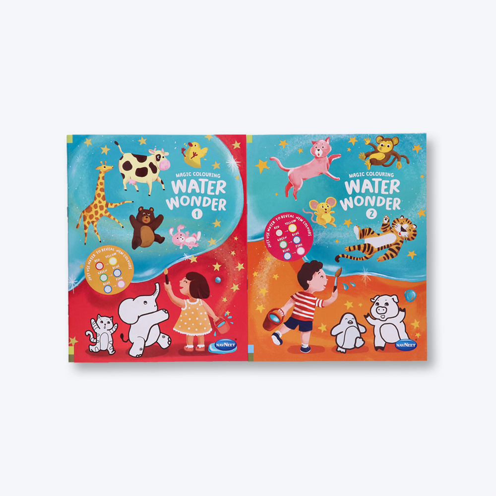 Navneet Water Wonder colouring books I and II, child friendly with various pictures.