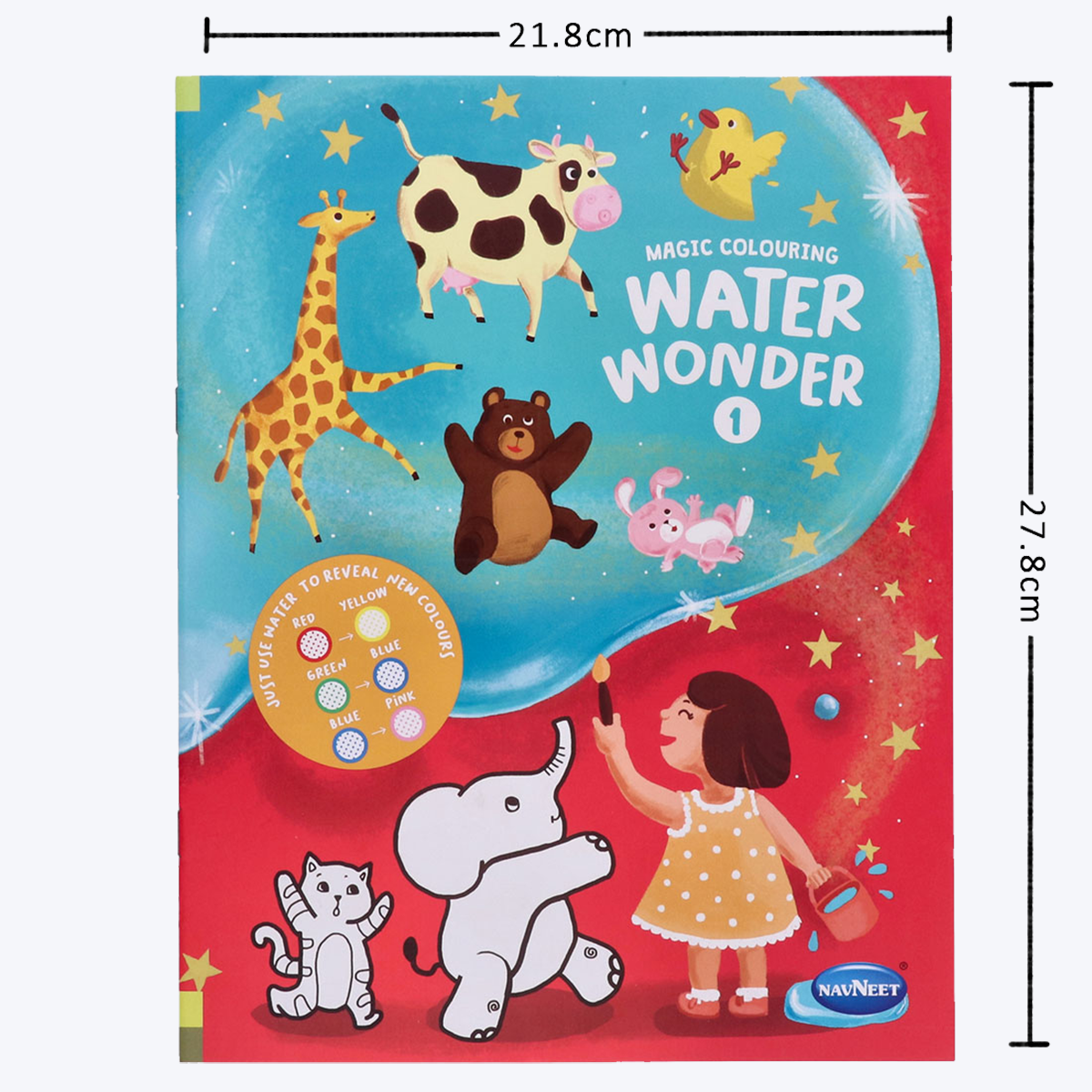 Navneet Water Wonder colouring books I and II, child friendly with various pictures.