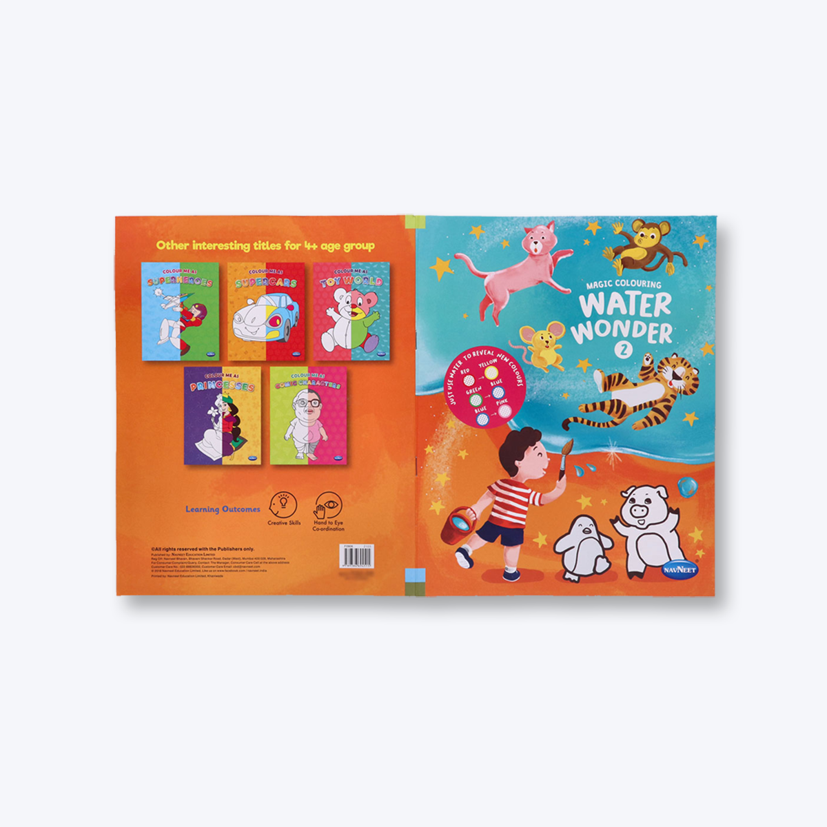 Navneet Water Wonder colouring books I and II, child friendly with various pictures.