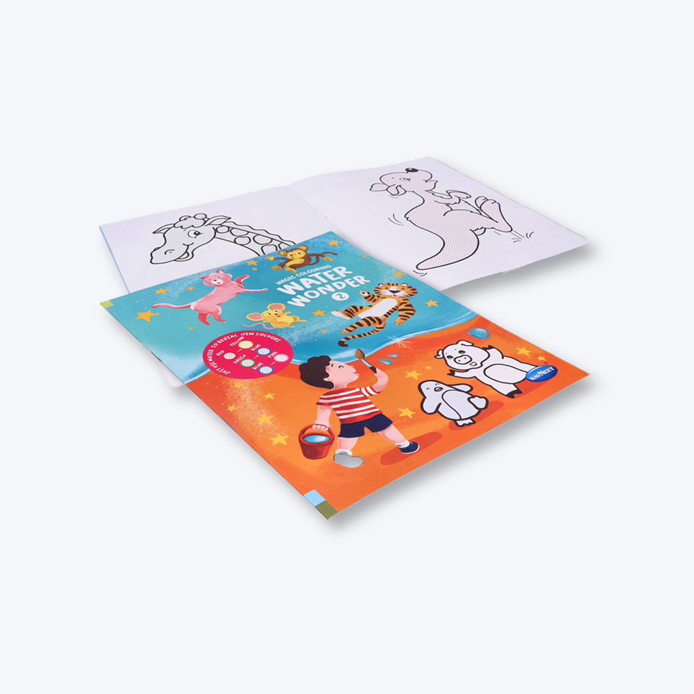 Navneet Water Wonder colouring books I and II, child friendly with various pictures.