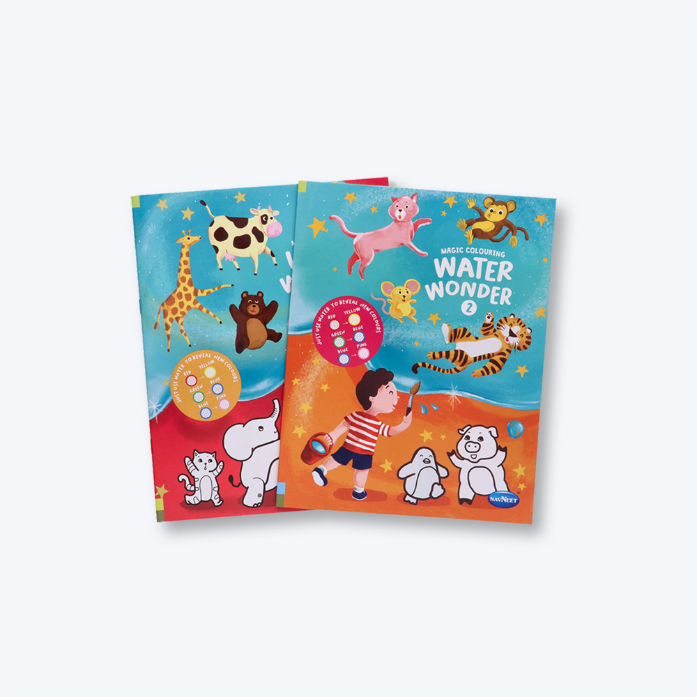 Navneet Water Wonder colouring books I and II, child friendly with various pictures.