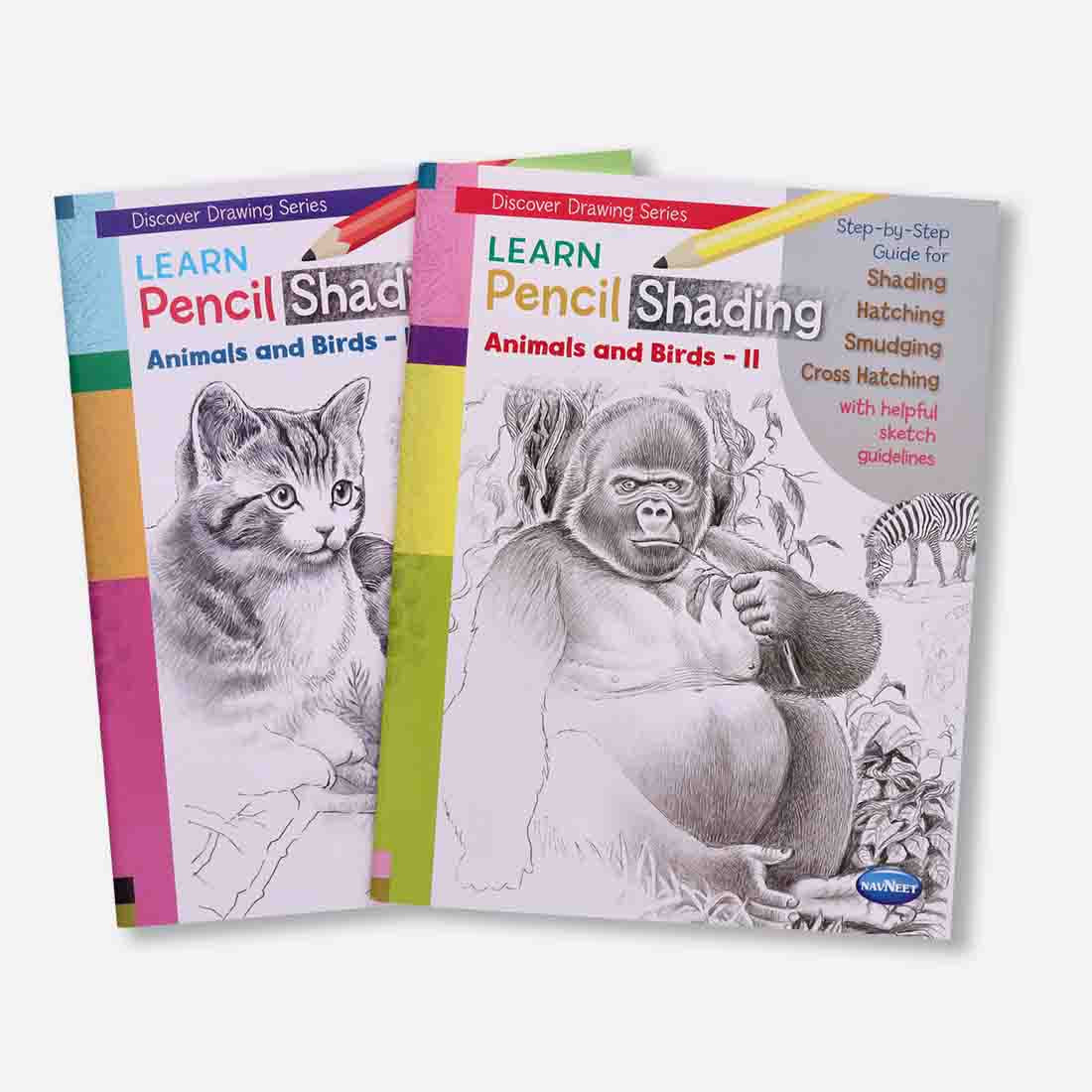 Navneet Learn Pencil Shading Animals & Birds 1 and 2 – For Elementary Art Prep – How to draw Animals and Birds - Pack of 2 Books