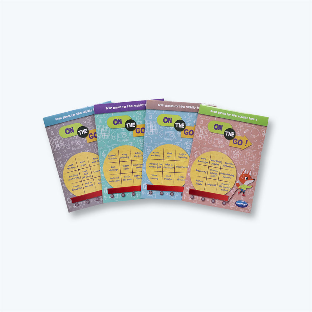 Brain Games for Kids Activity Books- On the Go- Set of 4 Books- For Kindergarten Kids- Develops Essential Skills- A collection of activities- Busy Vacation Activity Books