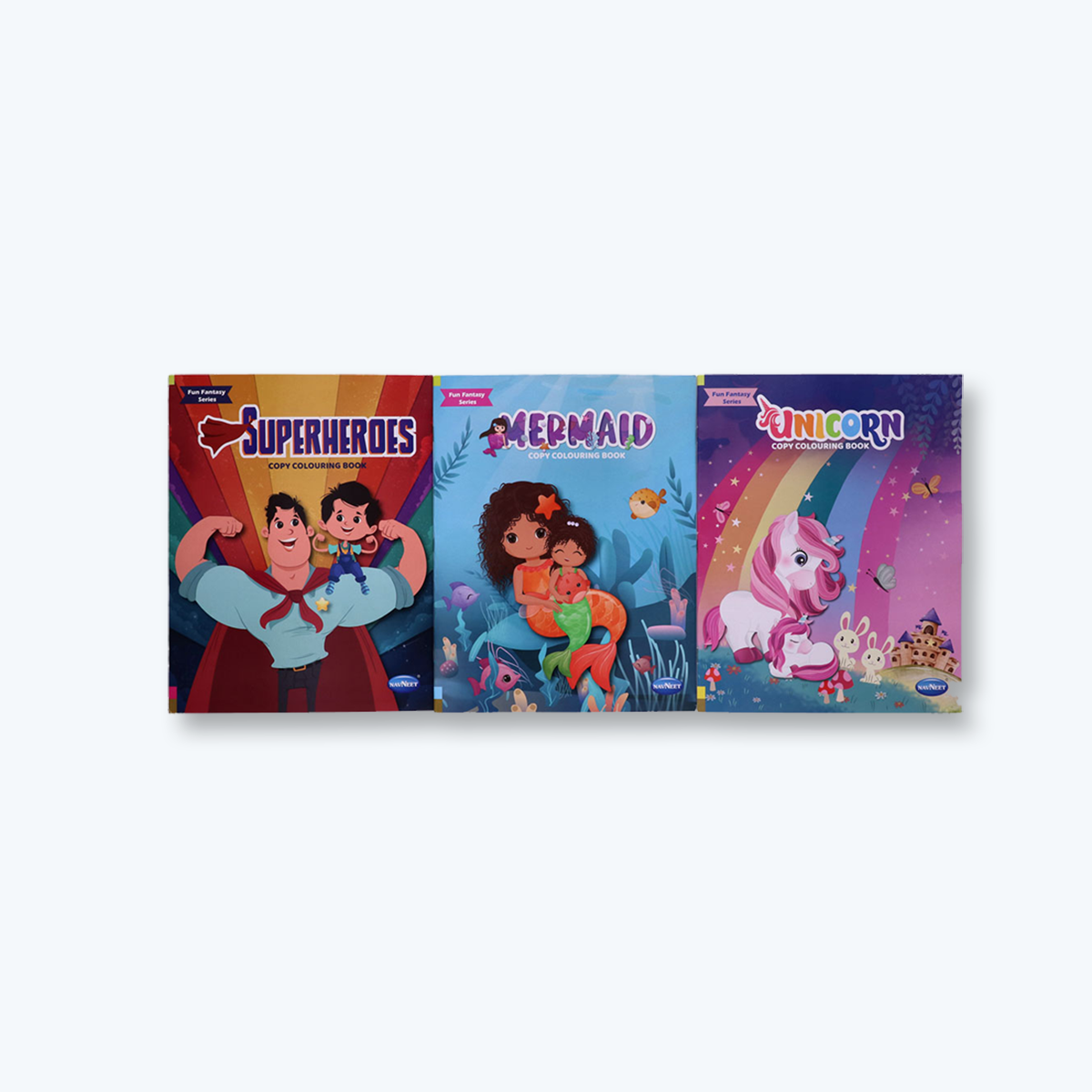 Navneet Fun Fantasy Series Copy Colouring Book - Set of 3 books - Unicorn, Mermaid, Superheroes - Painting and colouring books for kids- Youva Stationery- 40+ pages