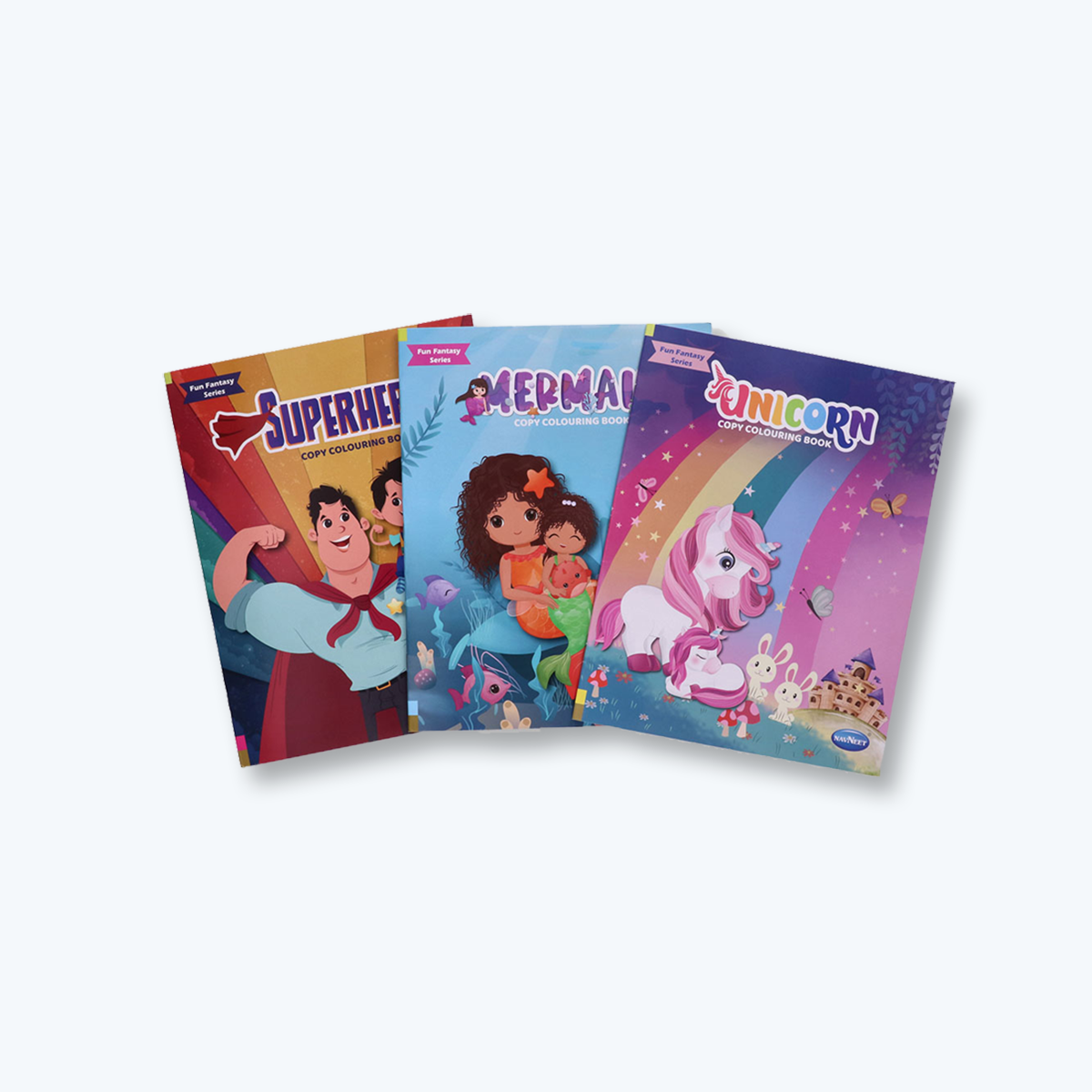 Navneet Fun Fantasy Series Copy Colouring Book - Set of 3 books - Unicorn, Mermaid, Superheroes - Painting and colouring books for kids- Youva Stationery- 40+ pages
