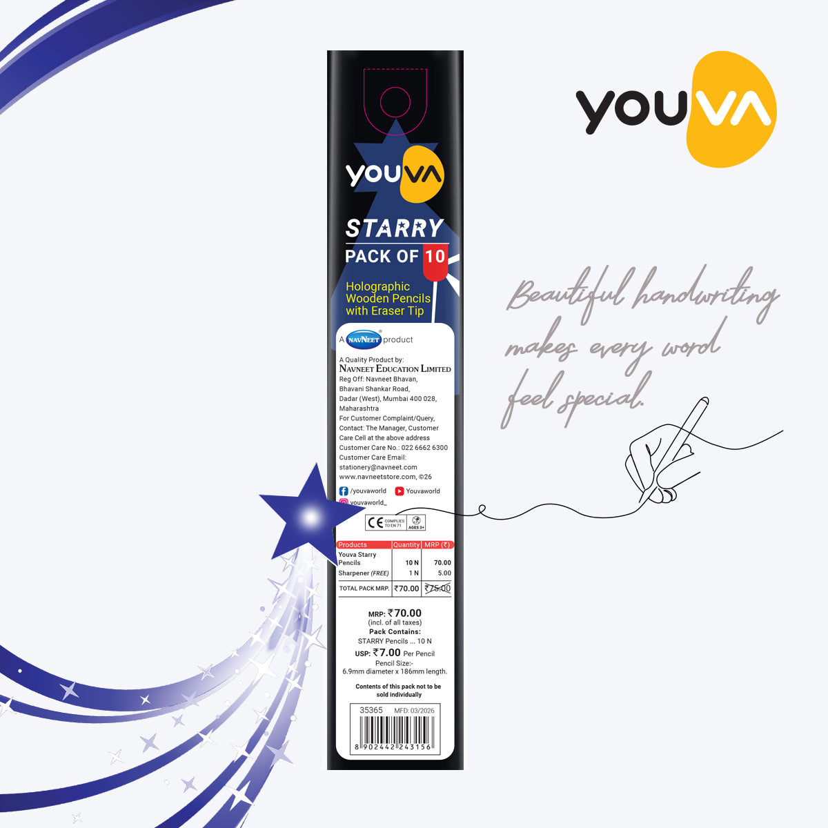 Youva Starry Pencils Ultra Dark-3B| Pack of 10| For Students by Navneet