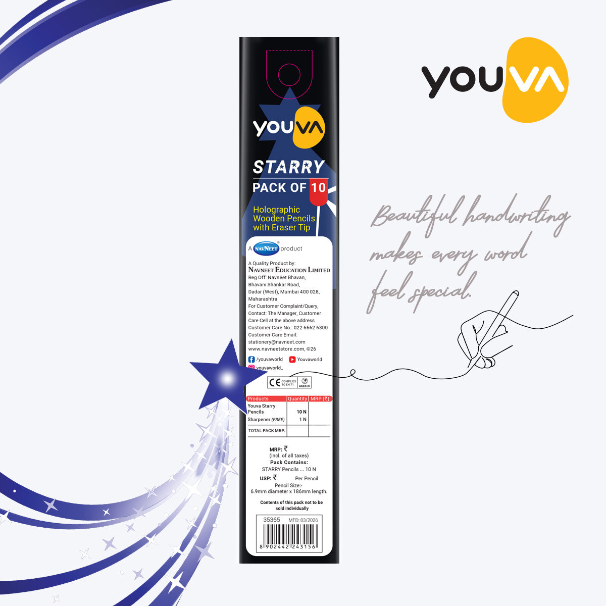 Youva Starry Pencils Ultra Dark-3B| Pack of 10| For Students by Navneet