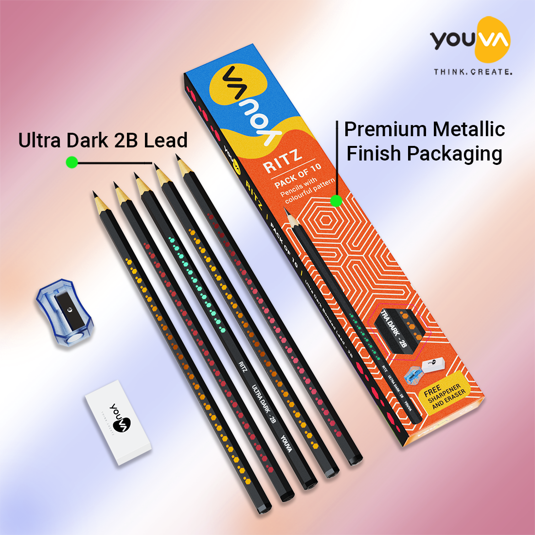 Youva Ritz Pencil | Pack of 10 | Pencil with colourful patterns | For School Students by Navneet