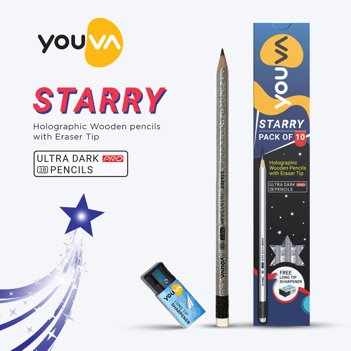 Youva Starry Pencils Ultra Dark-3B| Pack of 10| For Students by Navneet