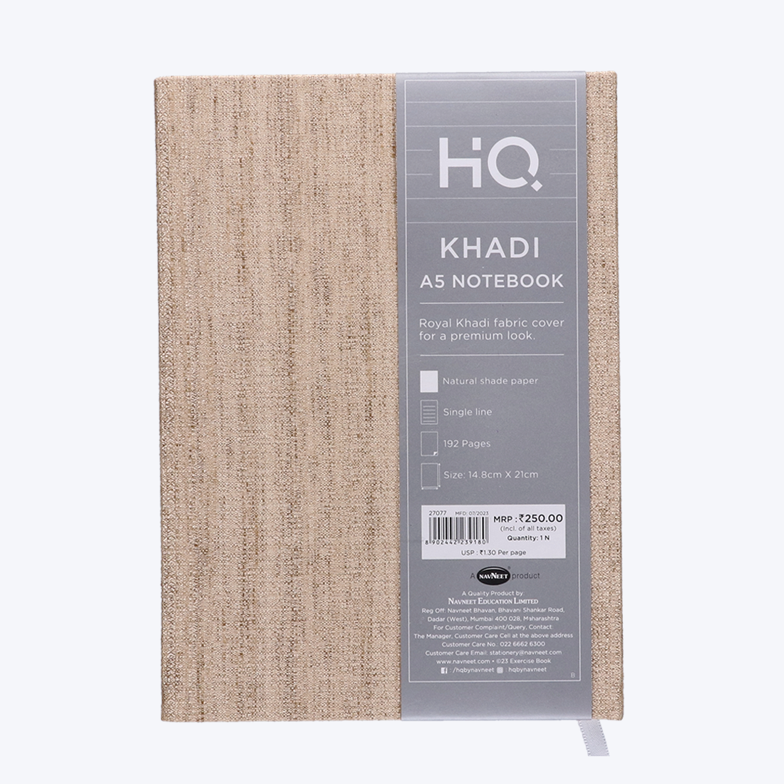 Navneet HQ | Khadi | Actual Khadi fabric cover| Premium colours| Case bound Notebook | Office / Personal stationery | Single Line | A5 Size - 14.8 x 21 CM  | 192 Pages